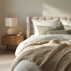 Lit cocooning avec tête de lit rembourrée en tissu beige, parure de lit en lin blanc, plaids en laine naturelle et coussins en velours vert sauge dans une chambre au décor apaisant.