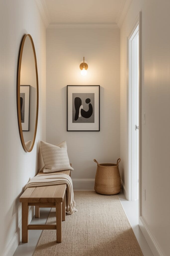 Peinture Couloir blanc chaleureux avec banc bois et miroir doré