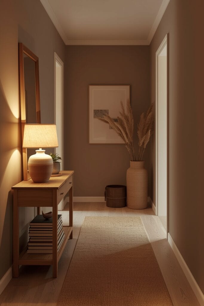 Peinture Couloir taupe avec déco naturelle et luminaire céramique