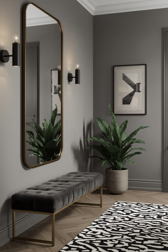 Peinture Couloir gris perle avec accents dorés et banc velours