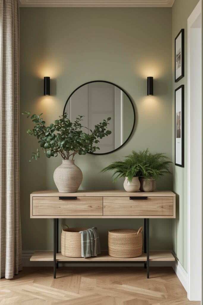 Peinture Couloir vert sauge avec accents noir et bois naturel