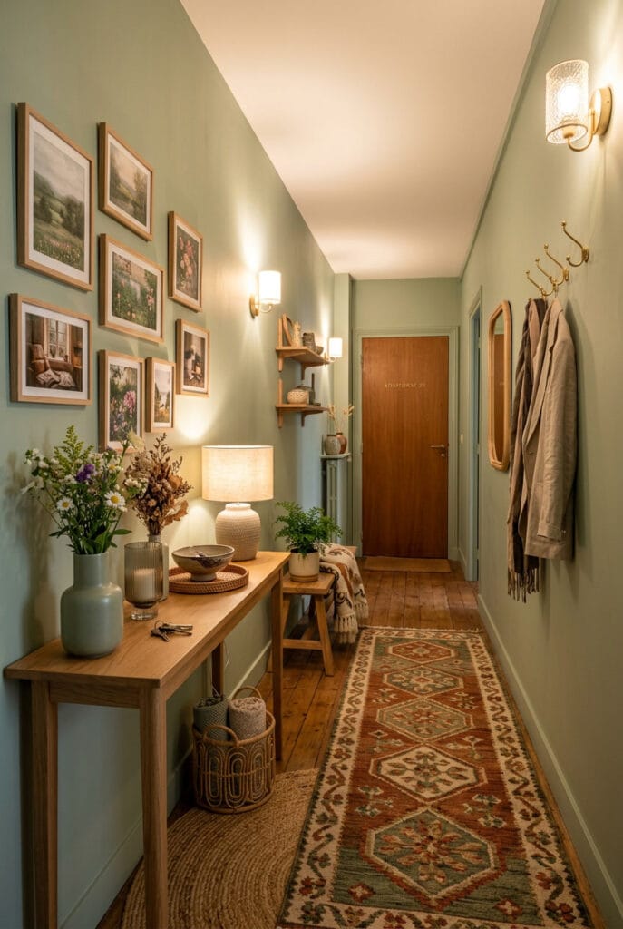 Peinture couloir vert sauge douce et apaisante pour une entrée harmonieuse naturelle et raffinée évoquant bien-être et sérénité