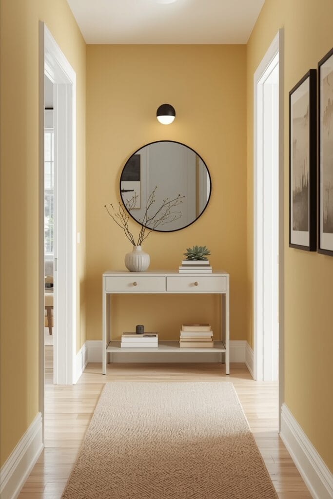Peinture Couloir jaune doux avec accents neutres et plantes grasses