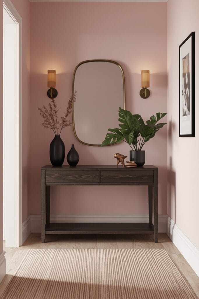 Peinture Couloir rose poudré avec console bois foncé et miroir doré