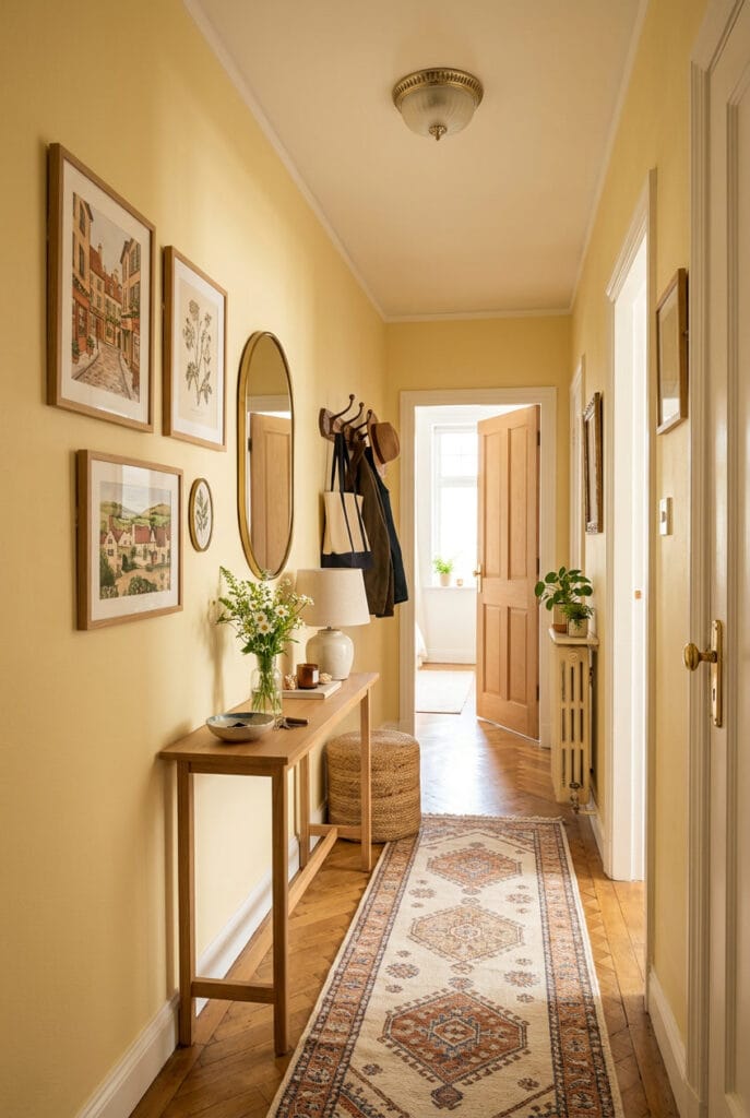Peinture couloir jaune pâle beurre frais et ton miel pour une ambiance joyeuse chaleureuse et accueillante dès l'entrée