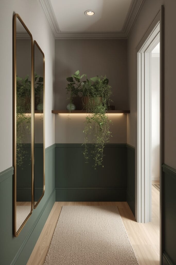 Peinture Couloir bicolore gris et vert sauge avec moulure laiton