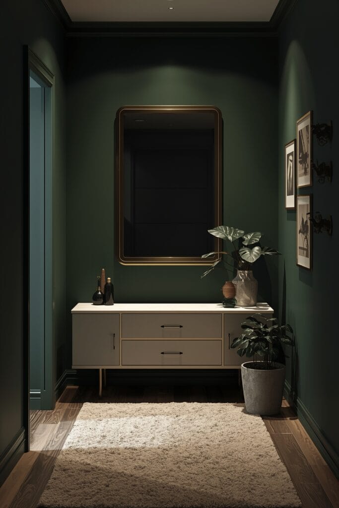 Peinture Couloir vert forêt avec console blanche et miroir doré
