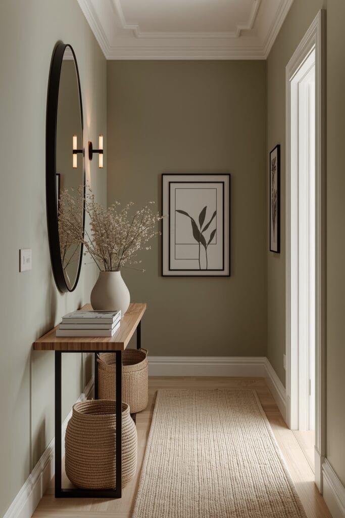 Peinture Couloir vert sauge avec décoration cosy et naturelle