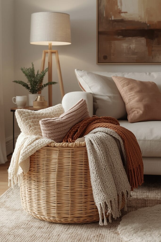 Rangement en Osier sous forme d'une grande corbeille à plaids et coussins à côté d'un canapé dans un salon cocooning