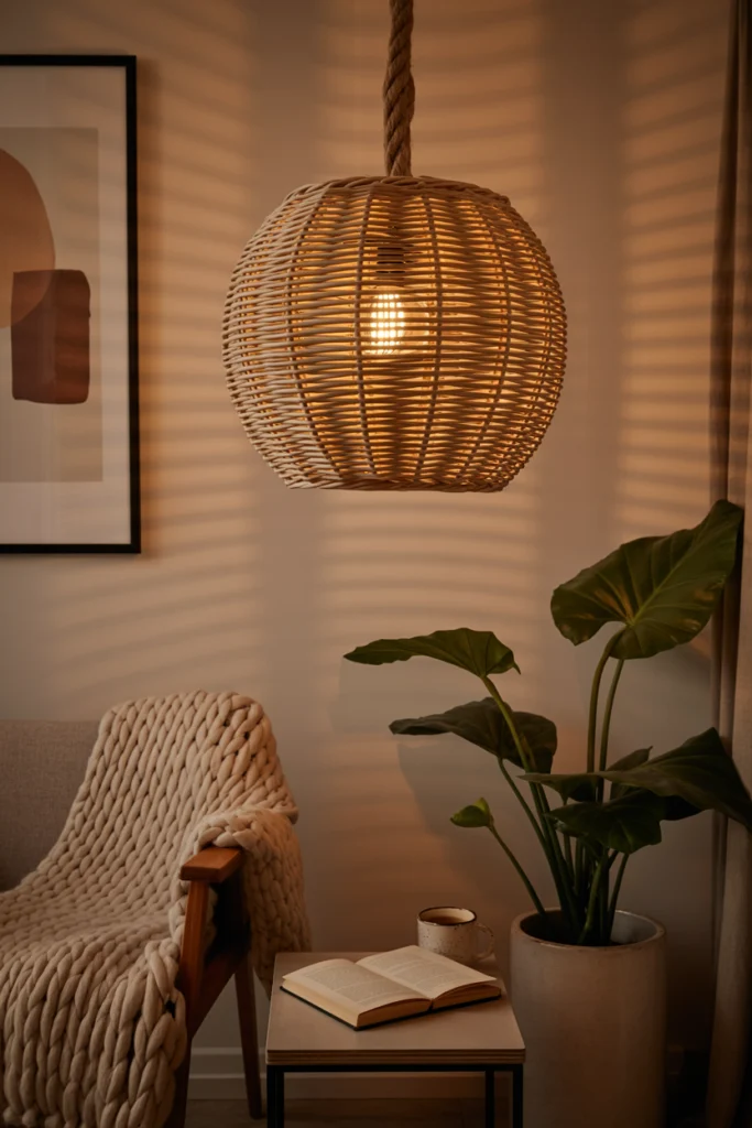 Rangement en Osier détourné en lampe suspendue éclairant un coin lecture cosy