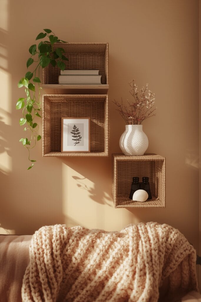 Rangement en Osier modulable en étagère murale décorative avec plantes et livres