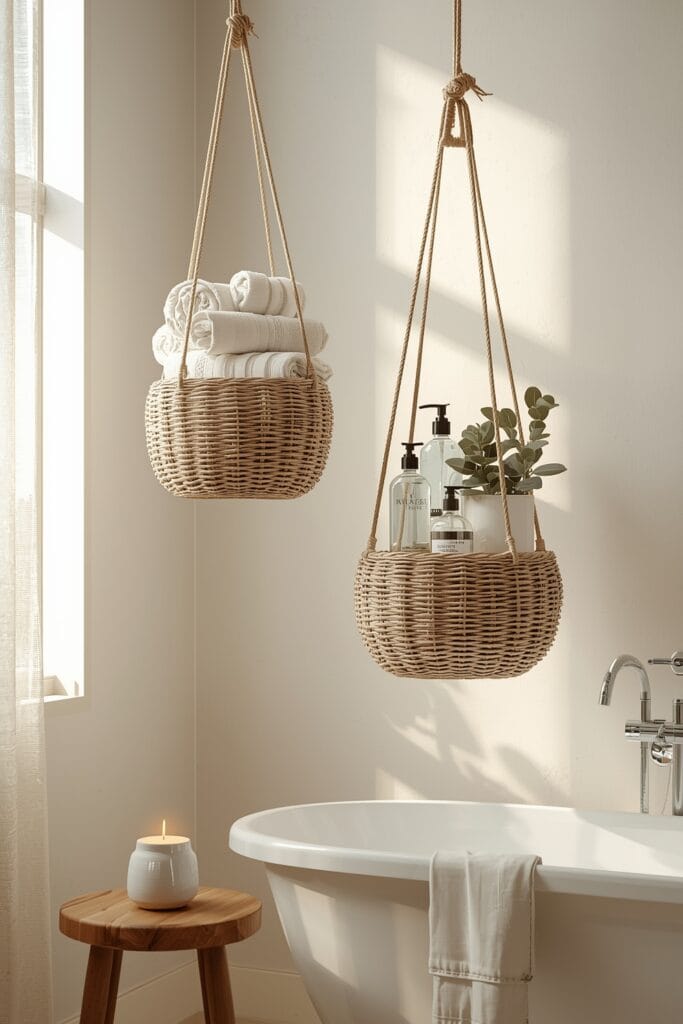 Rangement en Osier suspendu au plafond d'une salle de bain pour serviettes et accessoires