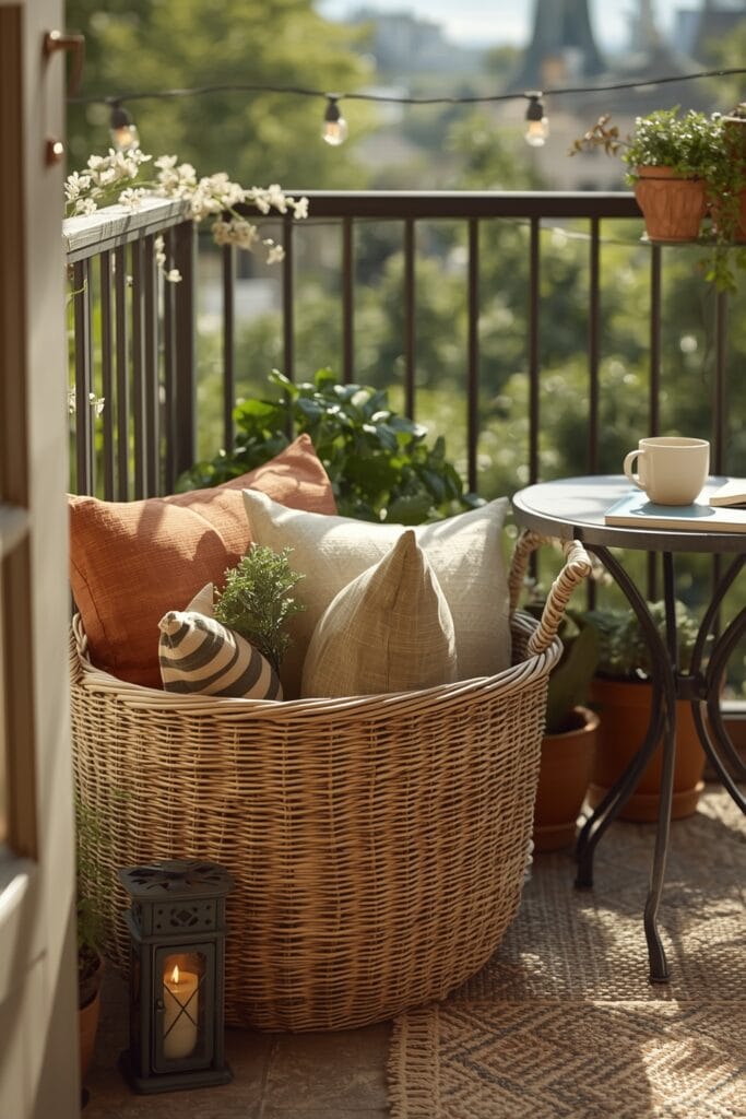 Rangement en Osier multifonction sur un balcon organisé avec coussins et décorations