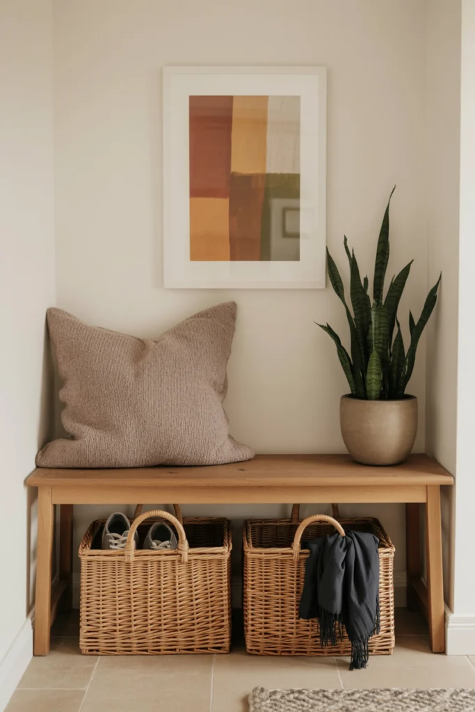 Rangement en Osier sous banc d'entrée pour chaussures et accessoires dans une entrée accueillante