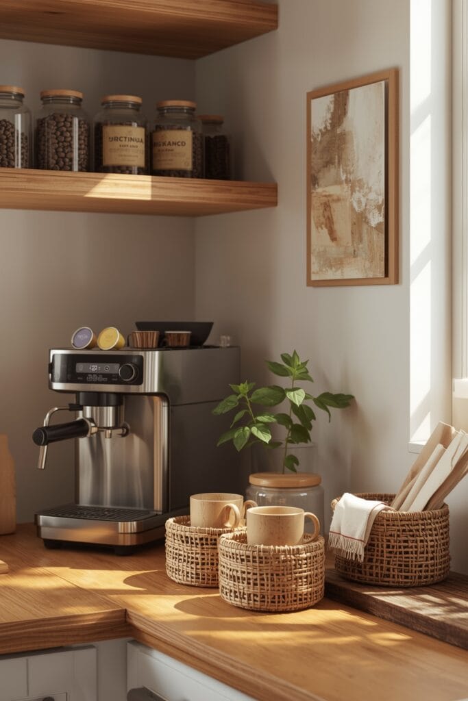 Rangement en Osier pour organiser un coin café avec machine à café et accessoires