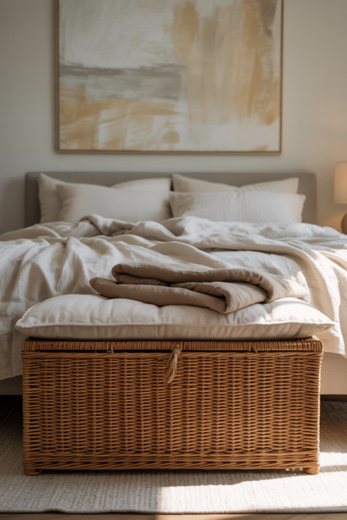 Rangement en Osier sous forme d'un coffre bout de lit dans une chambre au décor apaisant et harmonieux