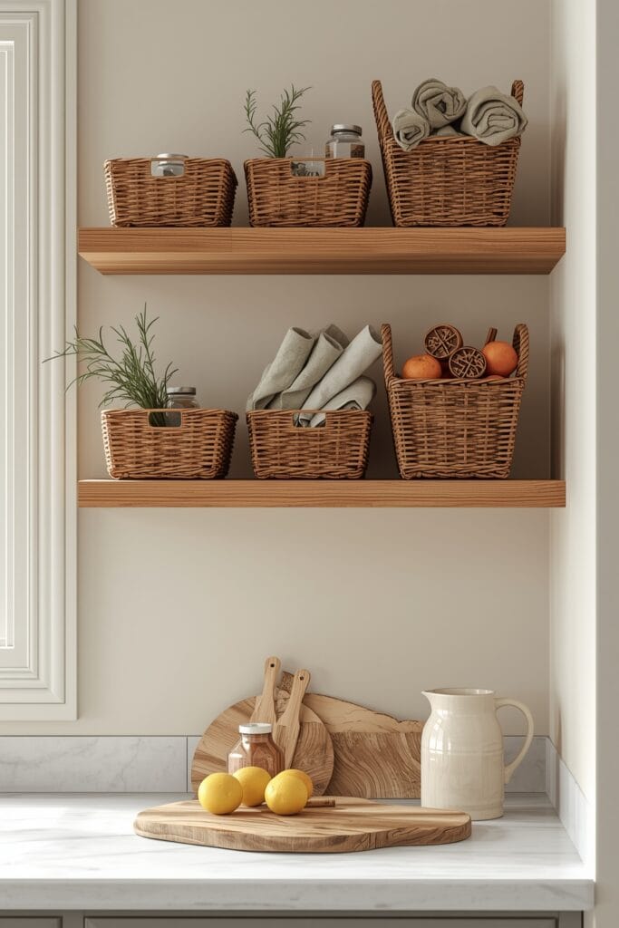 Rangement en Osier avec paniers alignés sur une étagère de cuisine organisant épices, torchons et herbes aromatiques