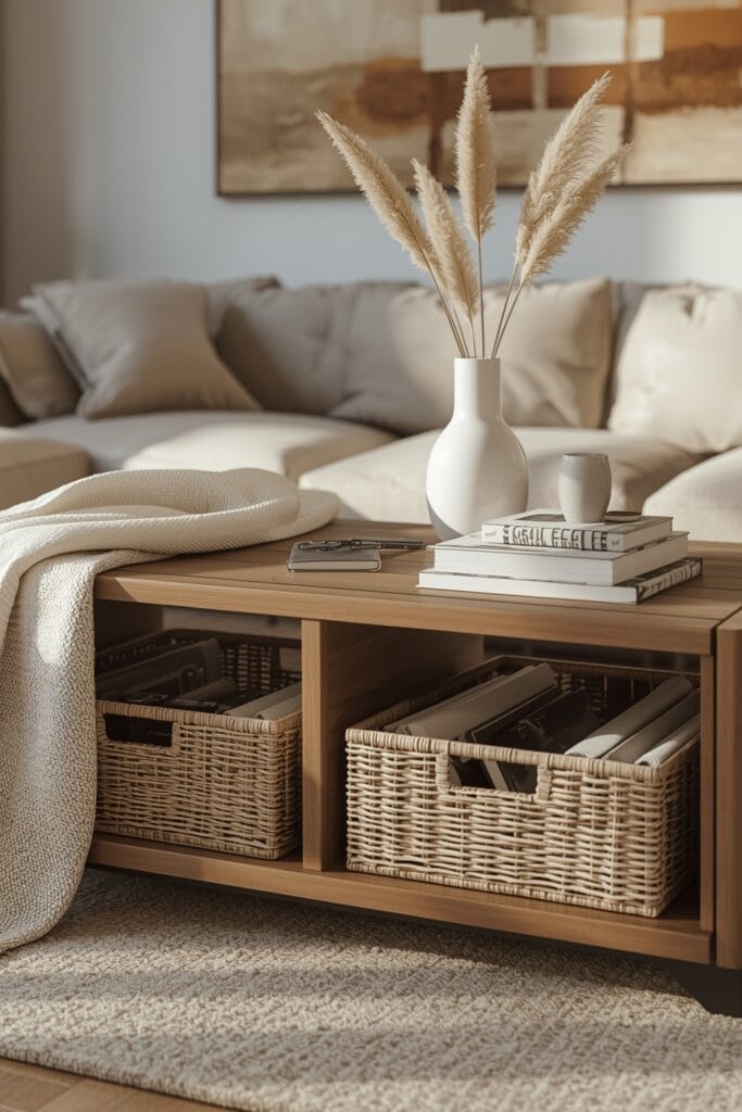 Rangement en Osier intégré dans une table basse avec paniers tiroirs pour magazines et télécommandes