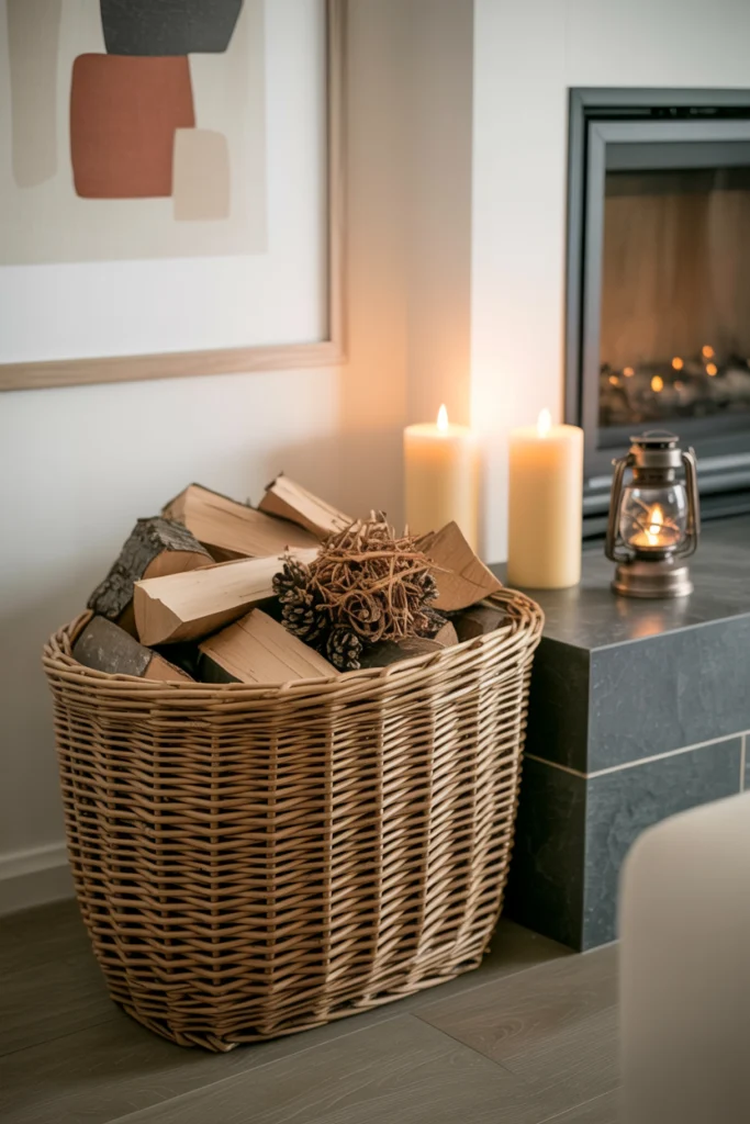Rangement en Osier robuste pour bois de cheminée et accessoires dans un salon chaleureux