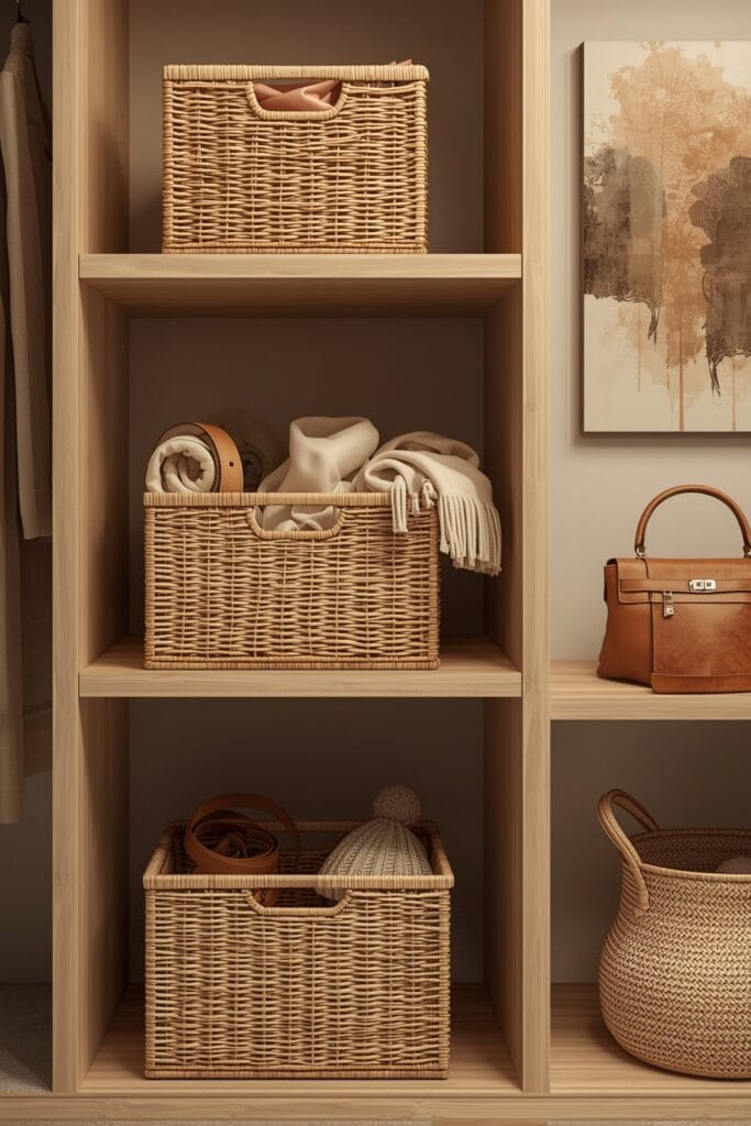 Rangement en Osier avec paniers de différentes tailles organisant accessoires dans un dressing