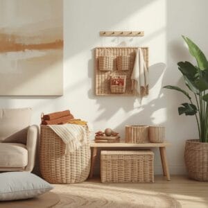Rangement en Osier sous forme de corbeille à plaids, paniers étagère, coffre bout de lit et organisateur mural dans un salon cosy