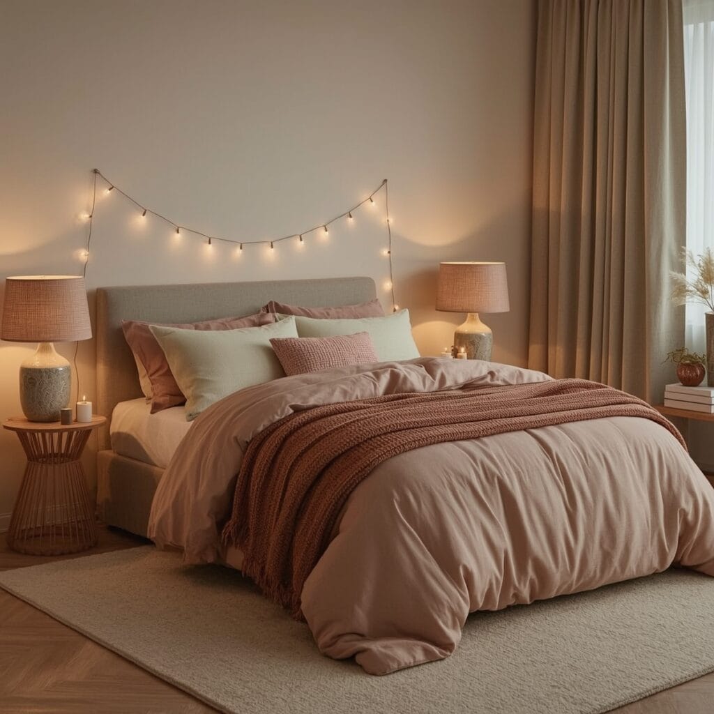 Chambre cocooning cozy avec tête de lit capitonnée, literie en gaze de coton vieux rose, plaids en laine, guirlande lumineuse et rideaux épais