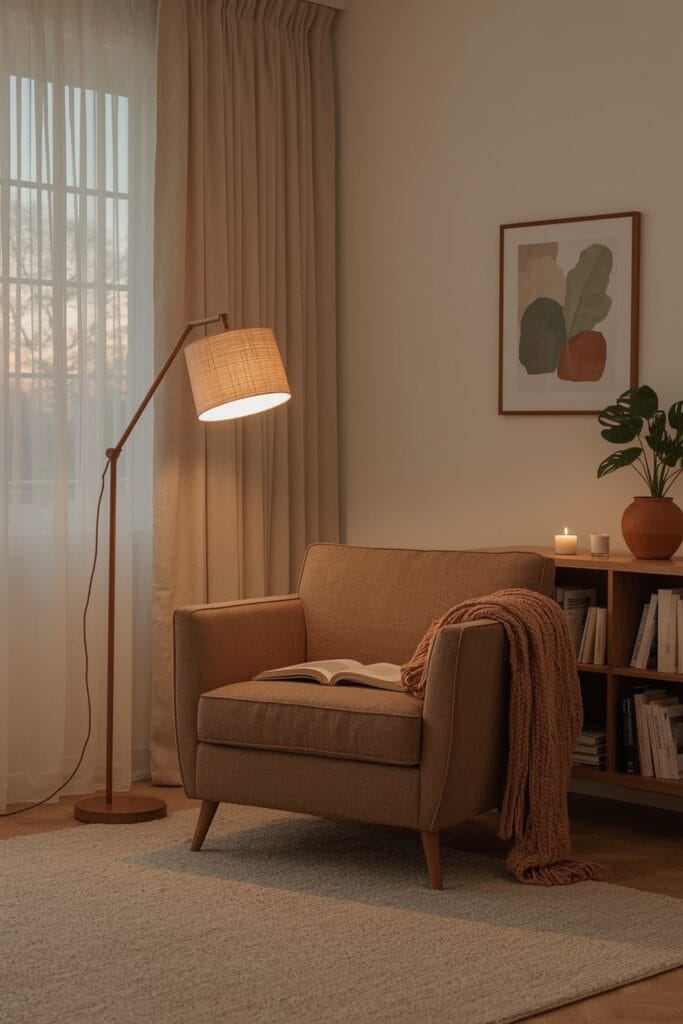 Coin lecture cozy avec fauteuil confortable, lampe orientable, étagère en bois, plantes et plaid dans un recoin lumineux