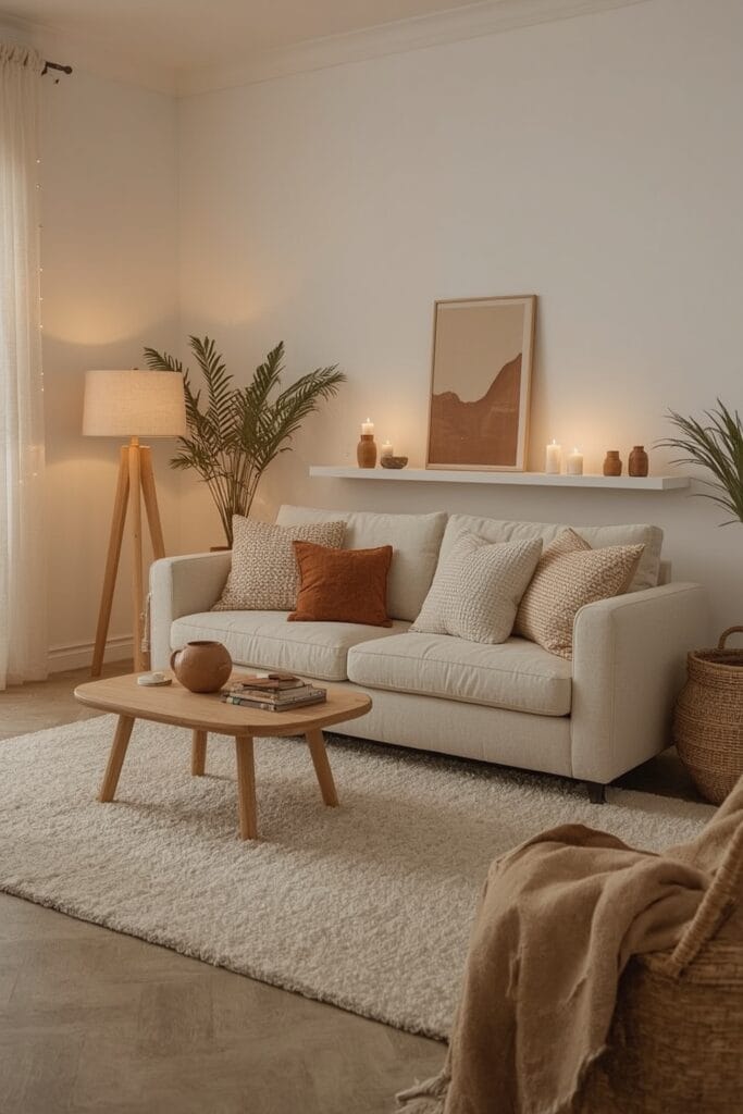 Salon cozy aux tons neutres avec canapé en lin, coussins texturés, tapis épais, éclairage doux et déco naturelle