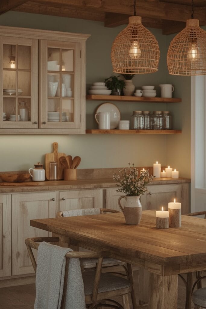 Cuisine campagne chic cozy avec meubles en bois brut, îlot central, étagères ouvertes, vaisselle en céramique et éclairage chaleureux