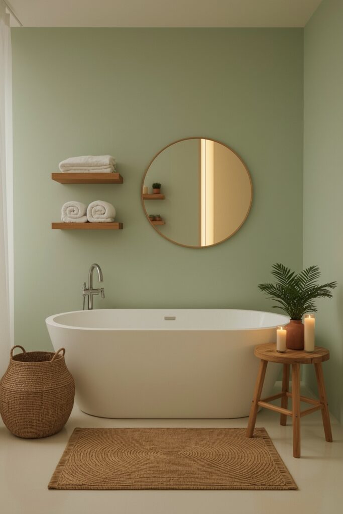 Salle de bain cocooning cozy avec baignoire, tons vert d'eau, matières naturelles, miroir arrondi et bougies