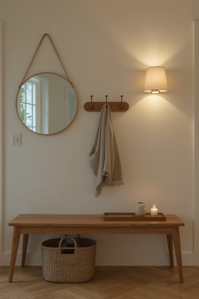 Entrée cozy avec banc en bois, miroir, patères, panier osier et éclairage doux créant une ambiance accueillante
