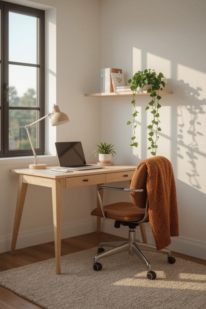 Bureau à la maison cozy avec bureau en bois clair, plante verte, lampe ajustable, plaid et tapis doux