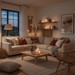 Salon cozy harmonieux avec canapé moelleux, coussins texturés, multiples sources de lumière chaude, déco naturelle et ambiance cocooning