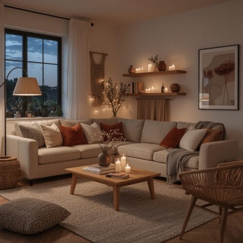 Salon cozy harmonieux avec canapé moelleux, coussins texturés, multiples sources de lumière chaude, déco naturelle et ambiance cocooning