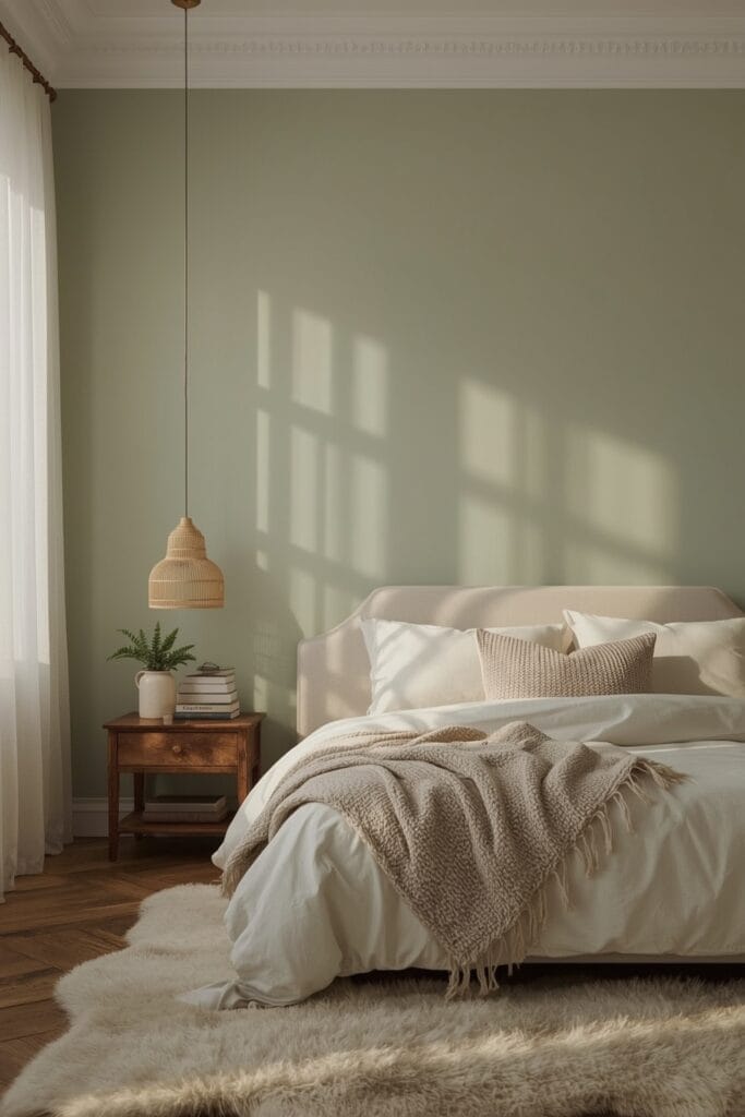 Chambre Adulte Cocooning avec un mur accent vert sauge poudré derrière le lit, éclairage doux, textiles moelleux et décoration cosy.