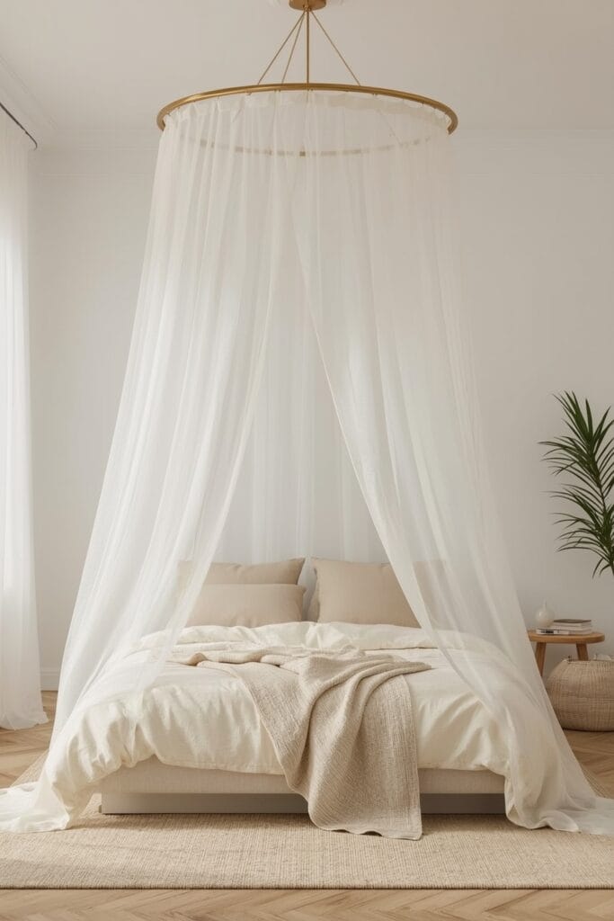 Ciel de lit en lin léger au-dessus d'un lit, créant une ambiance bohème et rêveuse dans une Chambre Adulte Cocooning.