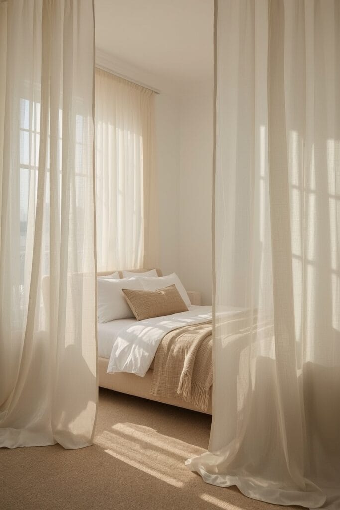 Alcôve lumineuse créée par des rideaux en voile crème autour d'un lit dans une Chambre Adulte Cocooning.