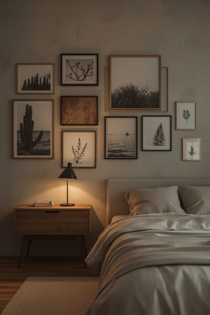 Mur de photos en noir et blanc avec cadres dépareillés dans une Chambre Adulte Cocooning, apportant une touche personnelle et chaleureuse.