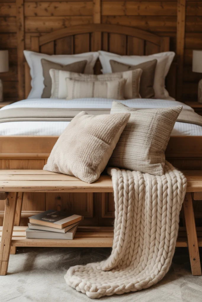 Banc en bois au pied du lit dans une Chambre Adulte Cocooning, avec coussins et plaid pour un esprit chalet douillet.