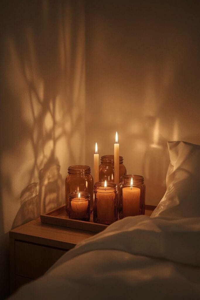 Groupement de bougies de différentes hauteurs dans des pots en verre ambré, créant une ambiance intime et poétique dans une Chambre Adulte Cocooning.