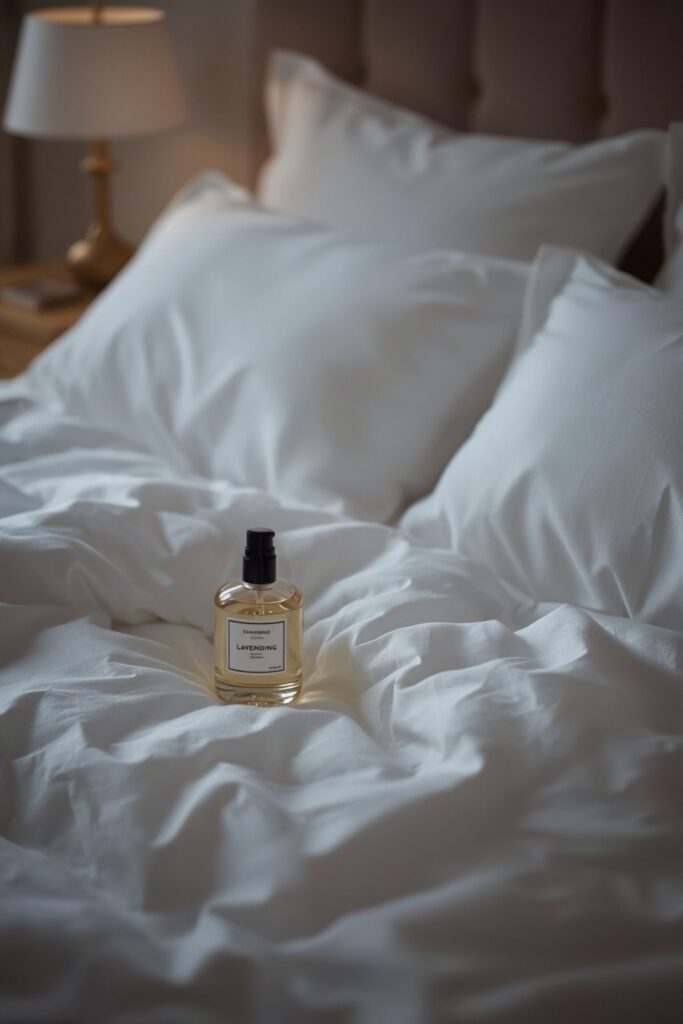 Flacon de parfum de linge posé sur les draps d'une Chambre Adulte Cocooning, évoquant un rituel sensoriel apaisant.