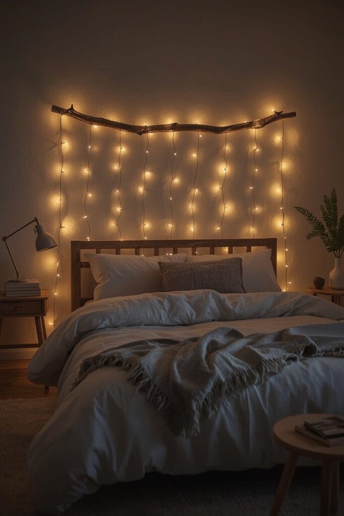 Chambre Adulte Cocooning avec une guirlande lumineuse enroulée autour d'une tête de lit en bois flotté, créant un éclairage doux et apaisant.