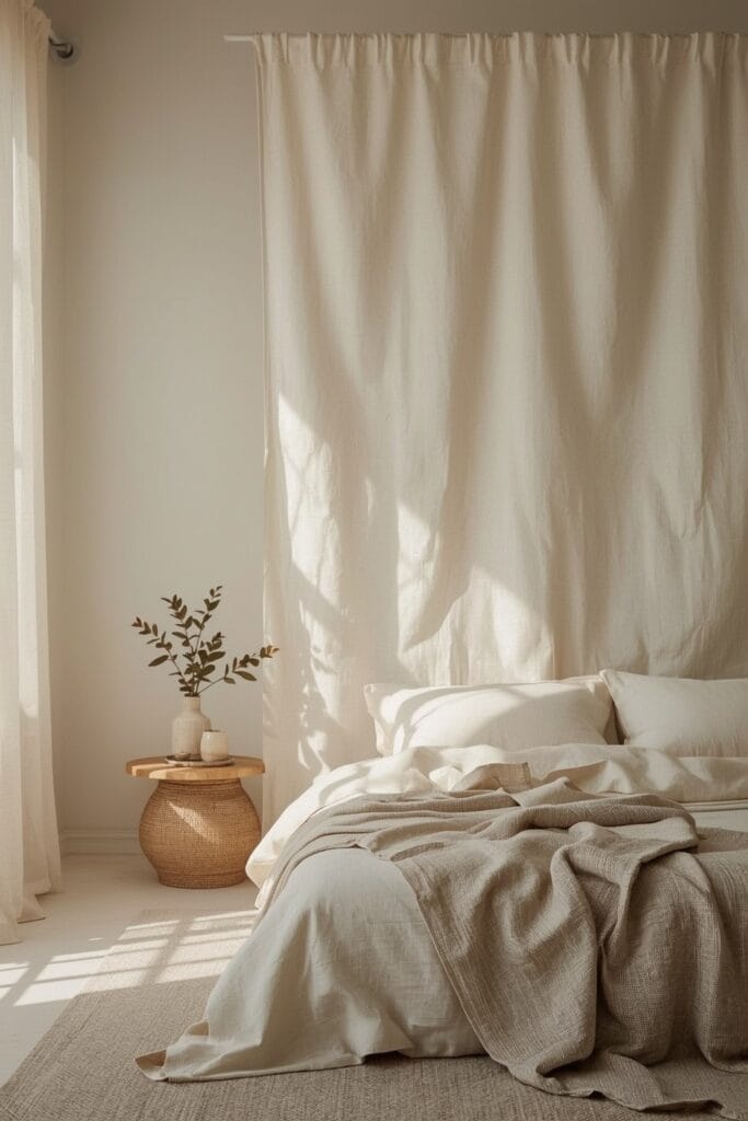 Chambre Adulte Cocooning avec un mur tactile en lin naturel suspendu, créant une ambiance feutrée et apaisante.