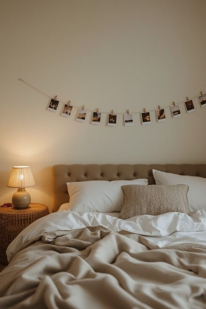 Chambre Adulte Cocooning avec une guirlande de photos Polaroid suspendue au-dessus du lit, créant une décoration personnelle et sentimentale.