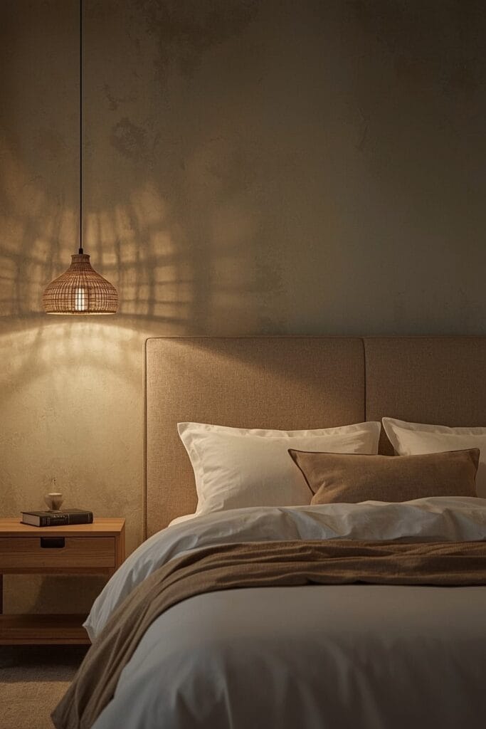 Chambre Adulte Cocooning avec une tête de lit encadrée par deux lampes suspendues en rotin, créant un éclairage doux et symétrique.
