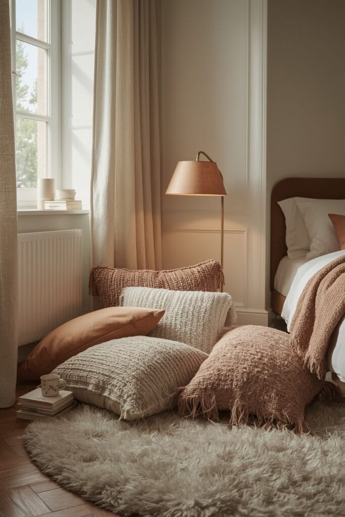 Coin détente spontané dans une Chambre Adulte Cocooning, avec des coussins moelleux sur un tapis, une lampe basse et une ambiance intimiste.