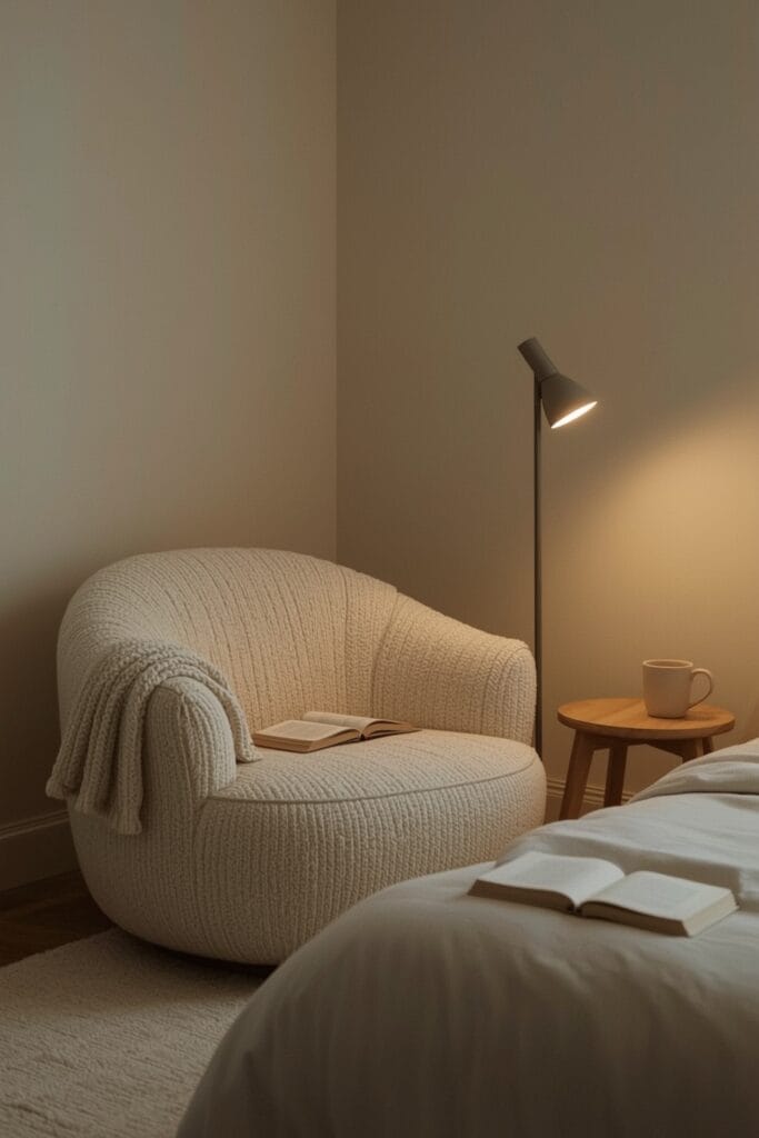 Coin lecture avec un fauteuil cocoon en bouclette dans une Chambre Adulte Cocooning, accompagné d'un plaid et d'une lampe pour une ambiance sereine.