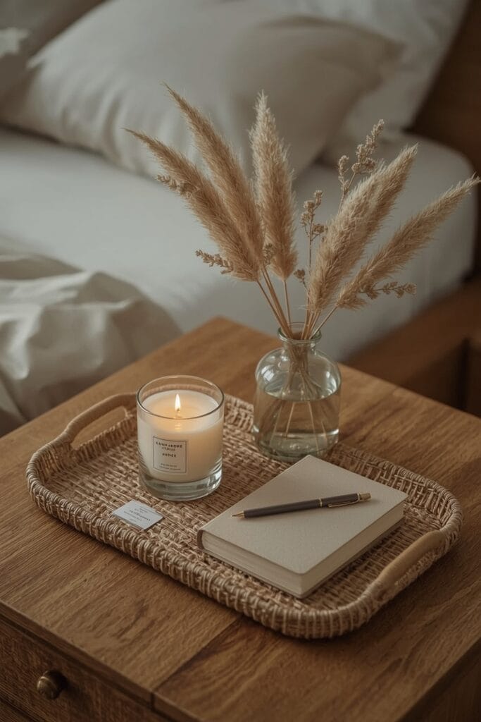 Petite scène décorative sur un plateau en rotin dans une Chambre Adulte Cocooning, avec une bougie, des fleurs séchées et un livre.