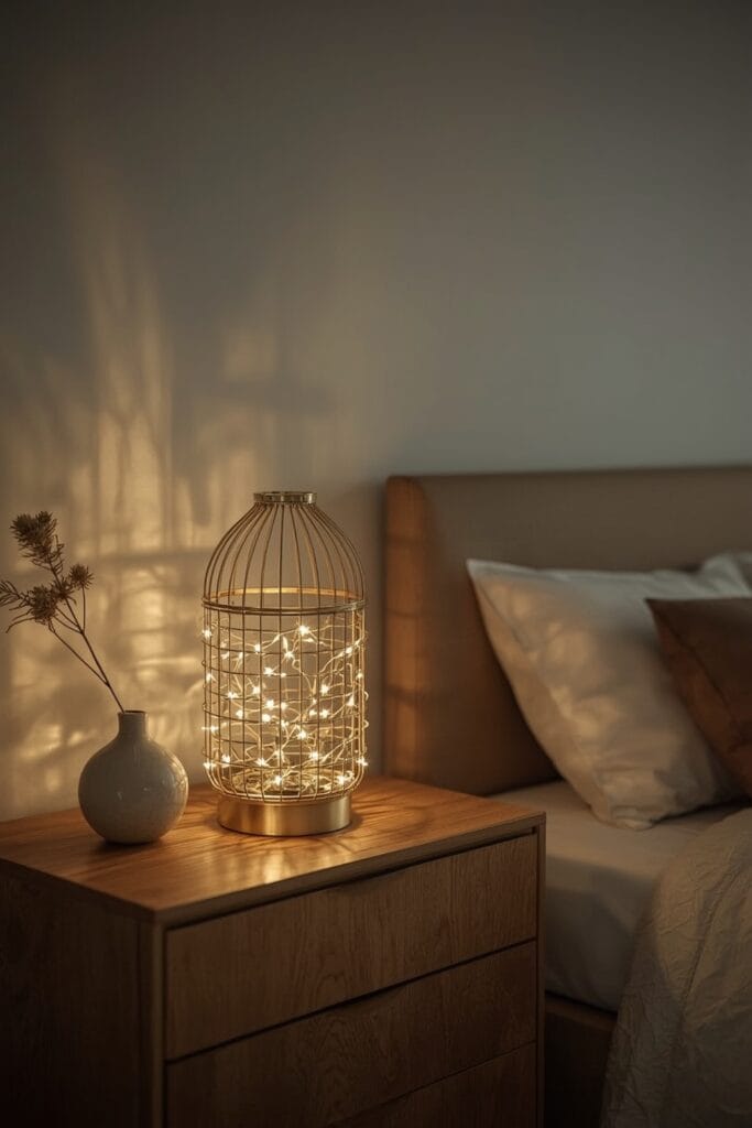 Lanterne dorée illuminée sur une commode dans une Chambre Adulte Cocooning, créant une ambiance lumineuse et élégante.
