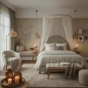 Chambre Adulte Cocooning avec un lit à la tête de lit habillée d'une guirlande lumineuse, des lampes en rotin, un ciel de lit, une alcôve de rideaux, un mur en macramé, un fauteuil en bouclette, un banc en bois, des coussins et une décoration apaisante.